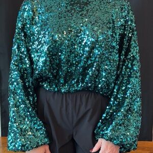 En Creme Teal Sequin Blouse
